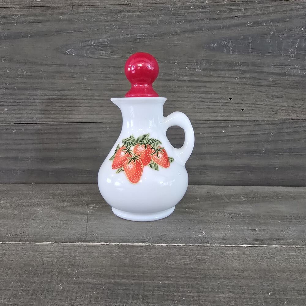 VTG Collectable Avon Milk Glass Strawberries Bottle Decanter Small Pitcher EMPTY